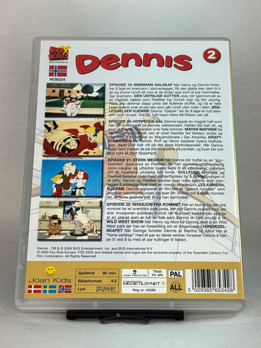 Bakside av DVD-cover til Dennis – Vol. 2 – inneholder fire morsomme episoder inkludert “Snømann galskap” og “Invasjon fra rommet”, brukt originalutgave på DVD hos Brukbar Film.