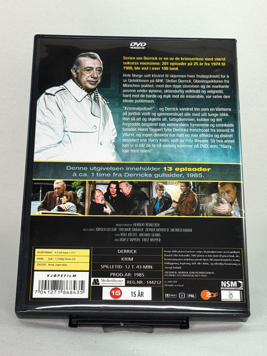 Bakside av DVD-cover til Derrick – Sesong 1985, brukt kriminalserie på DVD med autentisk baksidebilde fra Brukbar Film.