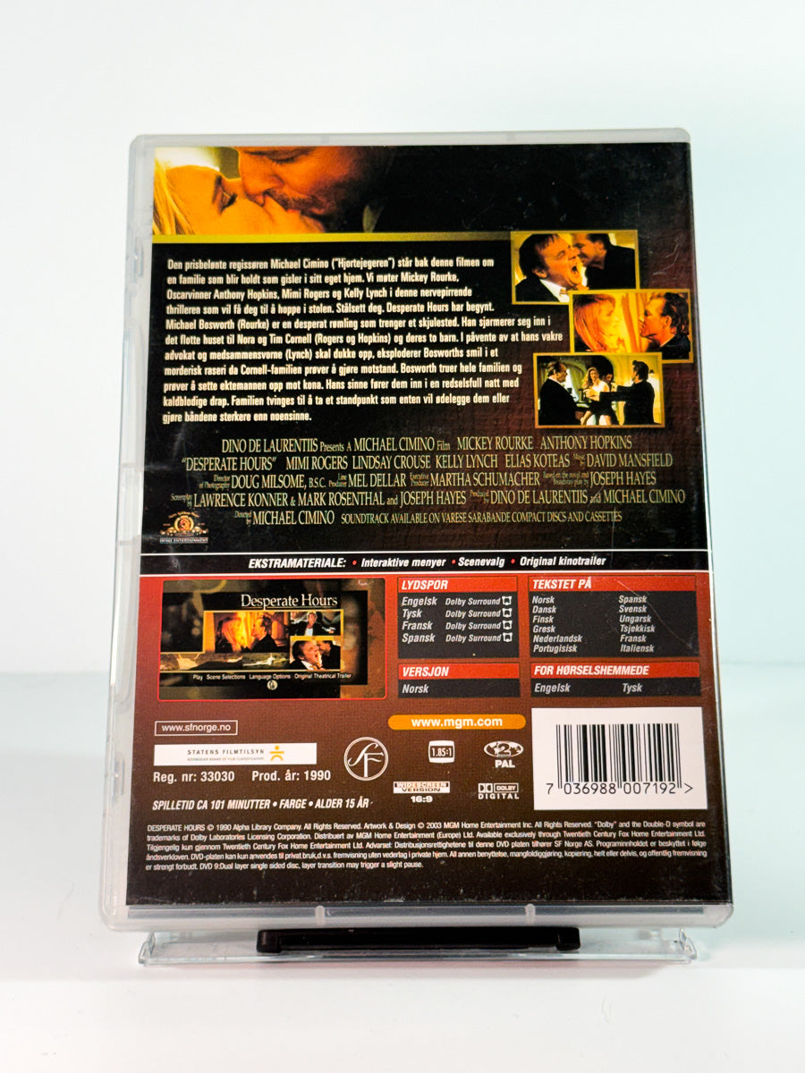 Bakside av cover til desperate hours, brukt original DVD hos Brukbar Film