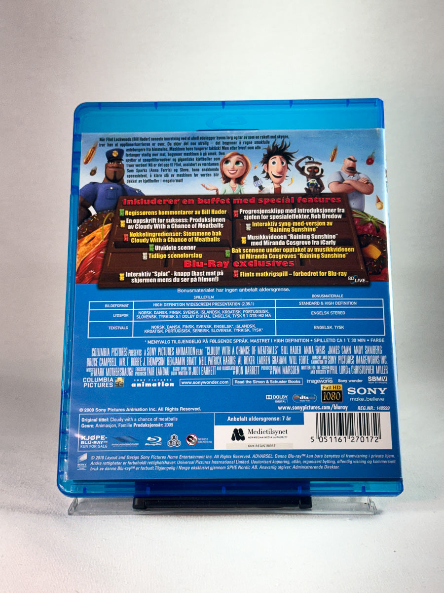 Bakside av cover til Det regner kjøttboller, bruktfilm hos nettbutikken Brukbar Film