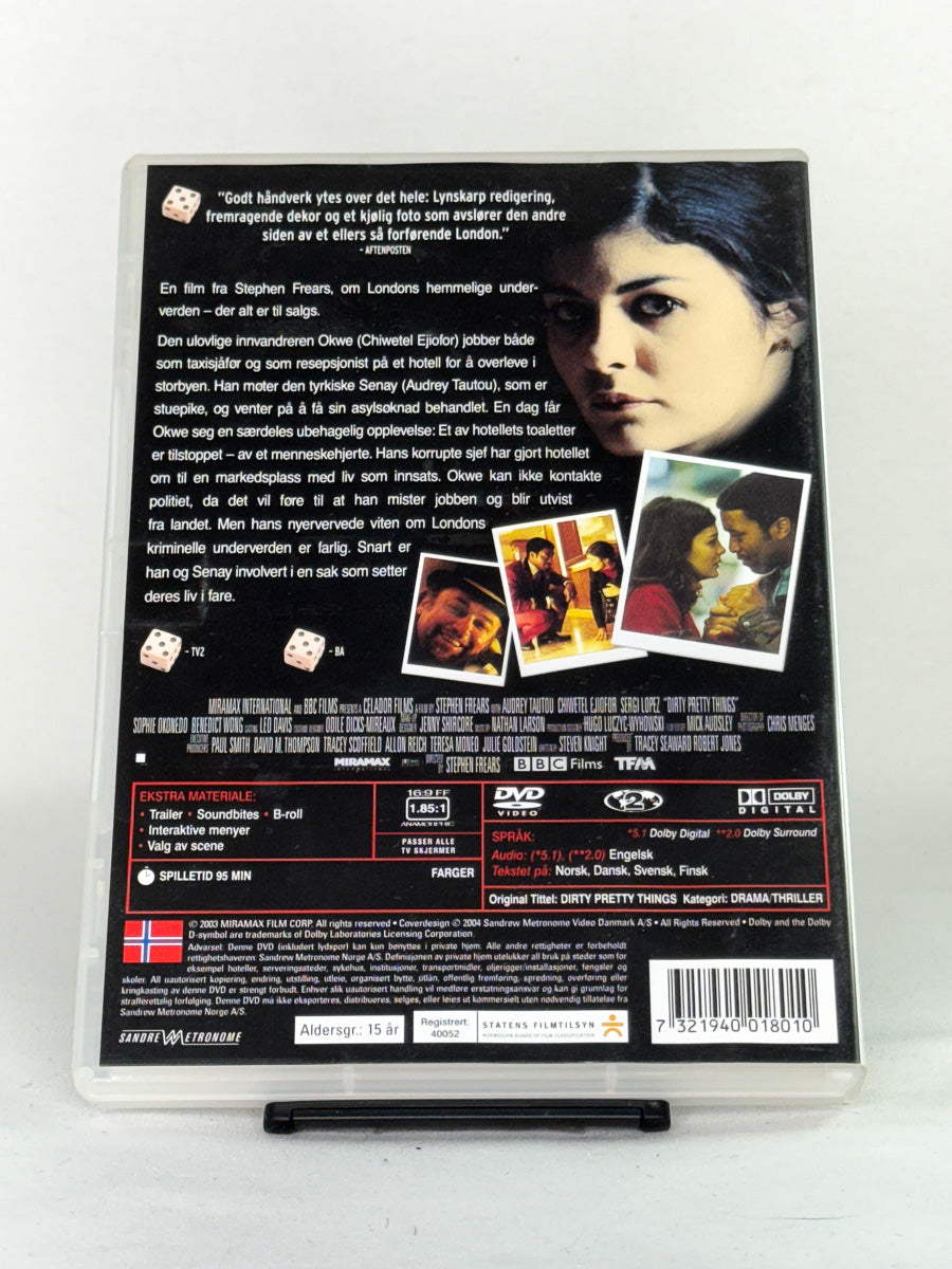 DVD-cover-bakside til filmen Dirty Pretty Things – Brukt DVD fra nettbutikken Brukbar Film