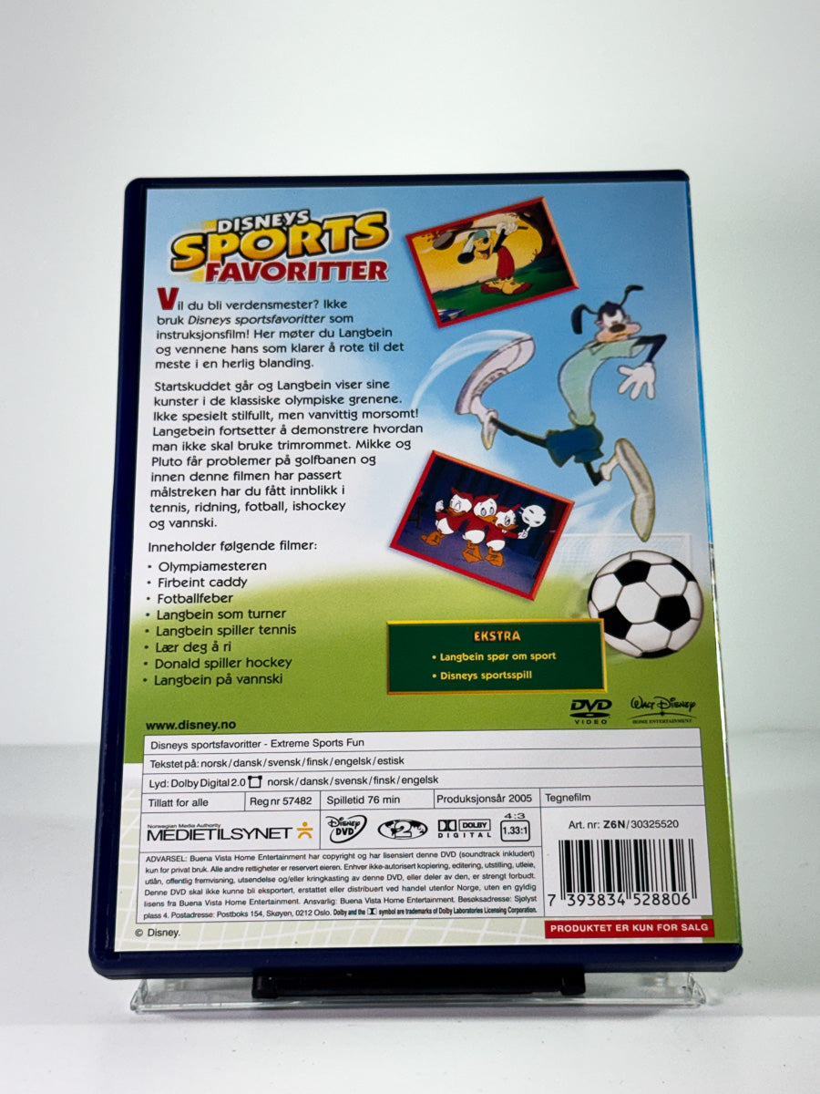 Bakside av cover til Disneys Sports Favoritter, brukt original DVD hos Brukbar Film