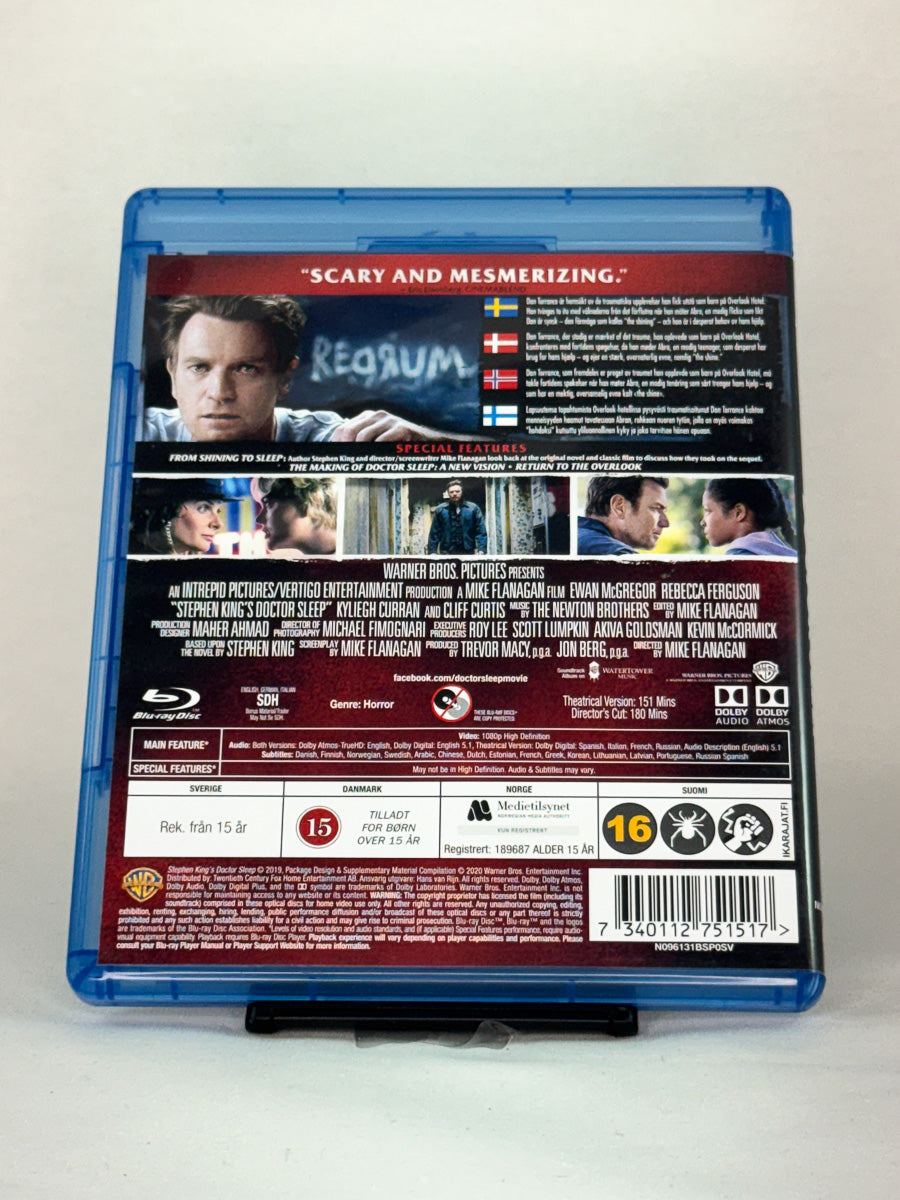 Bakside av Blu-ray-cover til Doctor Sleep – brukt originalfilm, oppfølger til The Shining, tilgjengelig hos Brukbar Film
