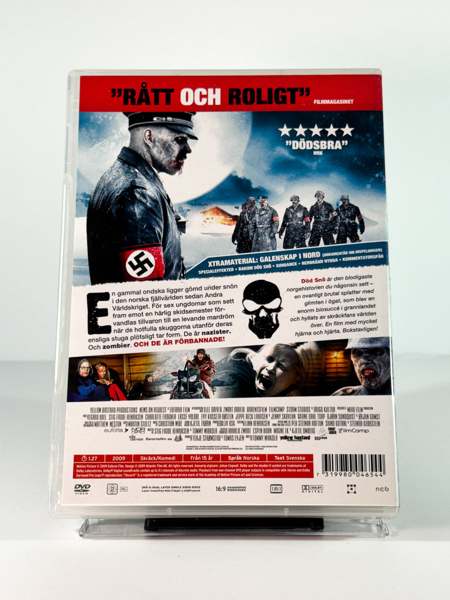 Bakside av cover til Død Snø, bruktfilm på DVD hos Brukbar Film