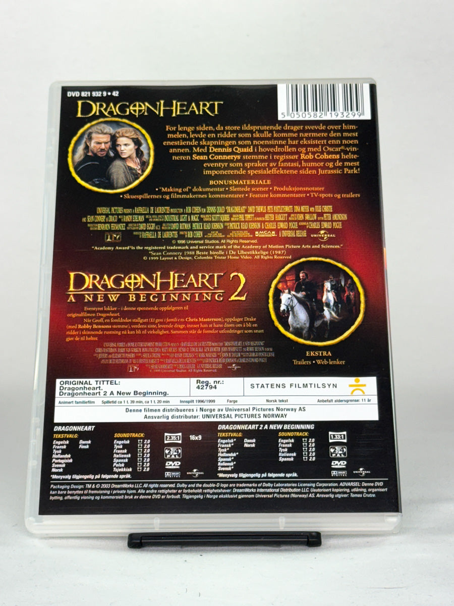 Bakside av DVD-cover til Dragonheart & Dragonheart 2: A New Beginning – brukt fantasyfilm på DVD, bakside fra Brukbar Film