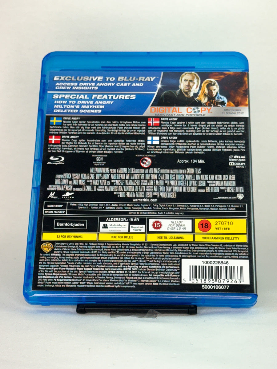 Bakside av Blu-ray-cover for Drive Angry – brukt original Blu-ray-film i action-sjangeren, tilgjengelig hos Brukbar Film.