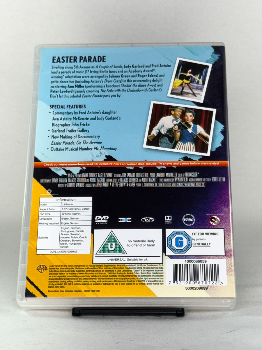 Bakside av DVD-cover for Easter Parade – brukt original musikal på DVD, engelsk utgave hos Brukbar Film