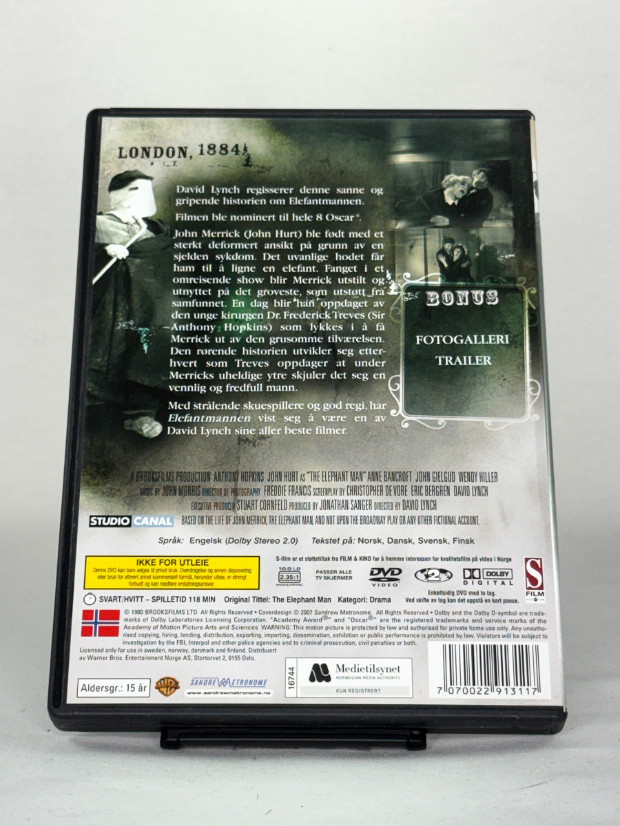 DVD-bakside til filmen Elefantmannen
Baksiden viser info, spesifikasjoner og eventuell ekstratekst – produktbilde fra nettbutikken Brukbar Film