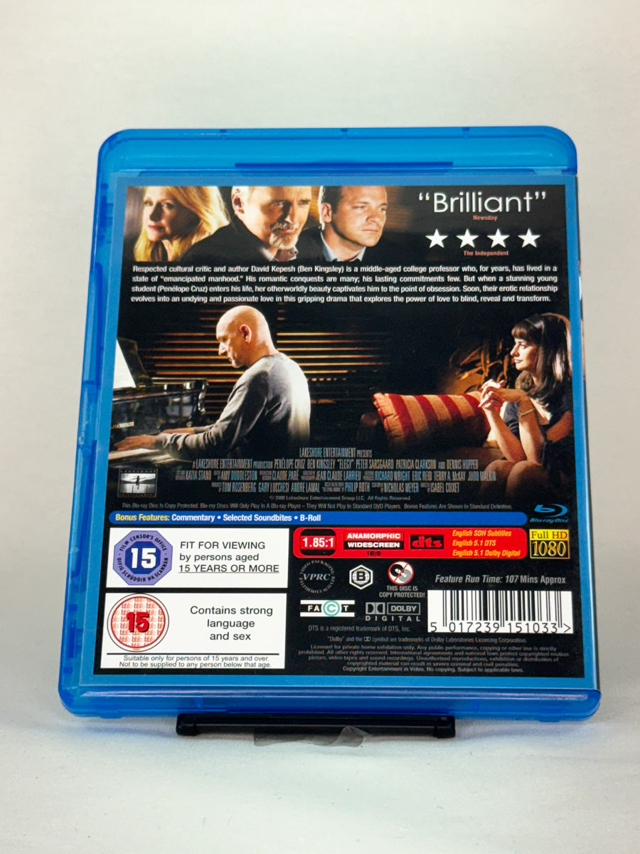 Bakside av Blu-ray-cover til Elegy – intens kjærlighetshistorie basert på Philip Roths roman, original brukt Blu-ray hos Brukbar Film.
