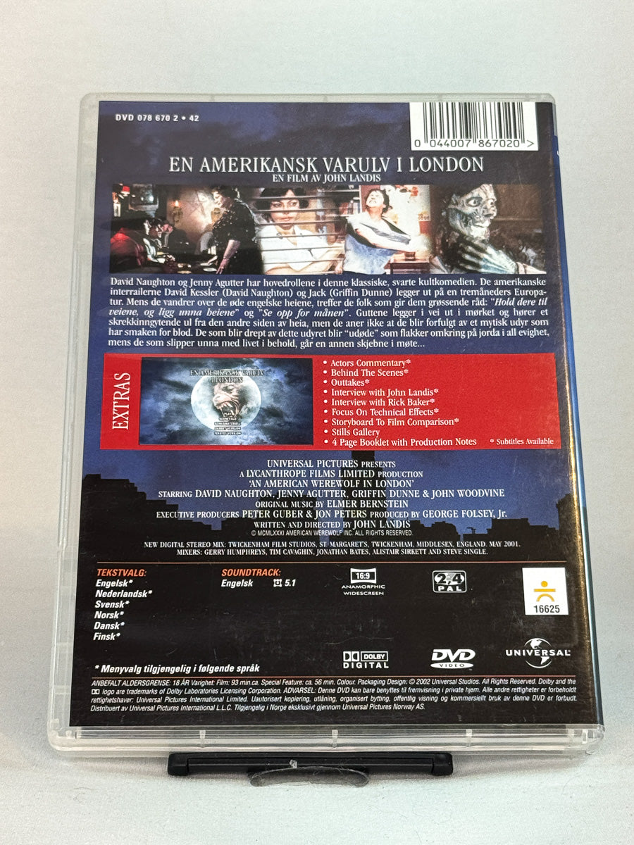 Bakside av DVD-cover til En amerikansk varulv i London – spesialutgave til 20-årsjubileet med klassiske effekter og mørk humor, brukt originalfilm på DVD hos Brukbar Film.