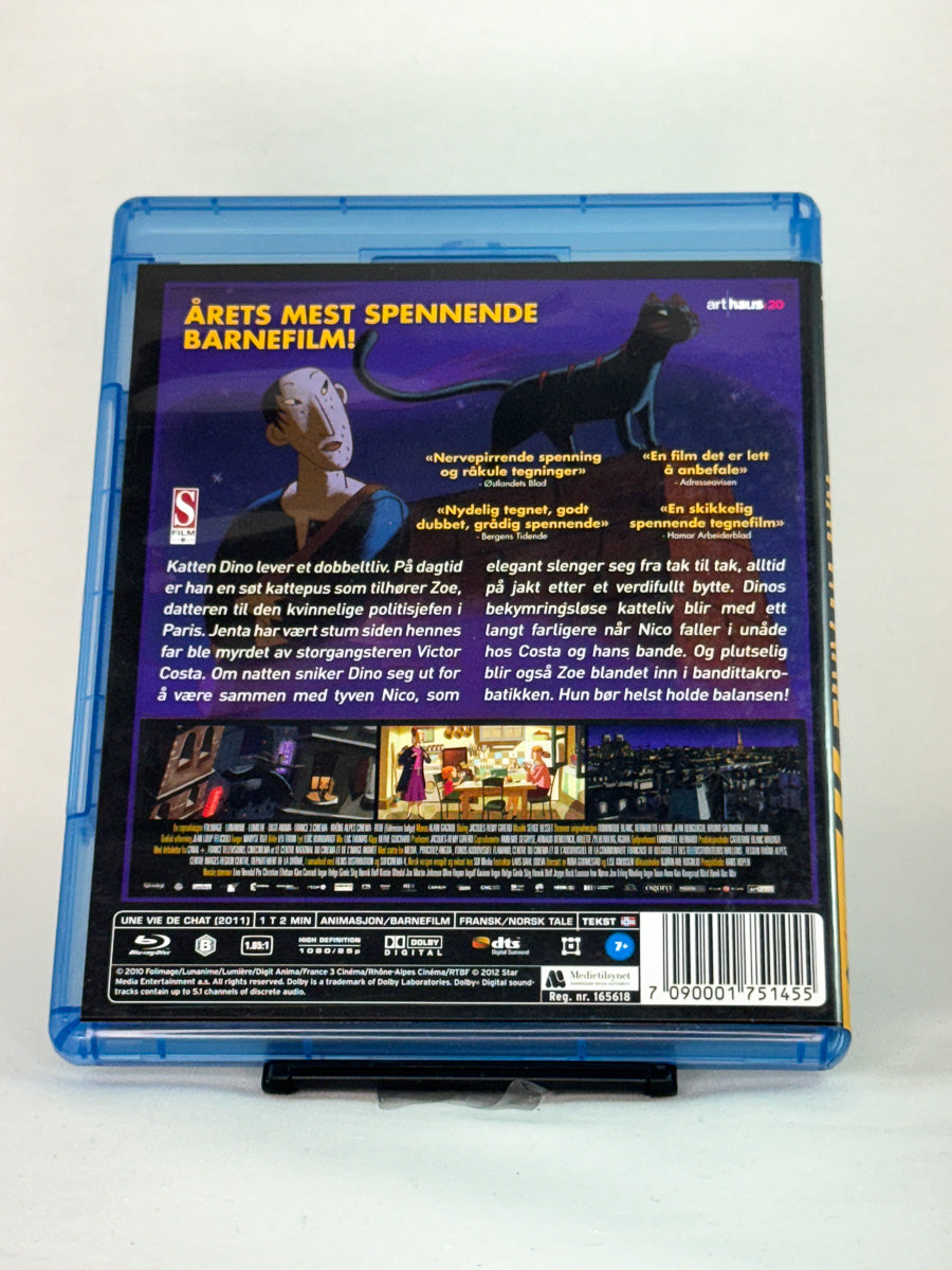 Bakside av Blu-ray-cover til En katt i Paris – brukt familie- og animasjonsfilm i original Blu-ray-utgave fra Brukbar Film