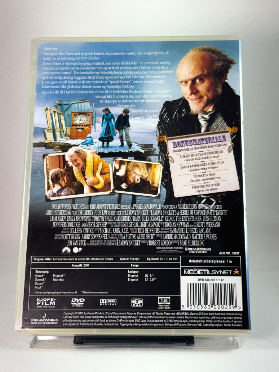 Bakside av DVD-cover til En serie uheldige hendelser, bruktfilm hos nettbutikken Brukbar Film