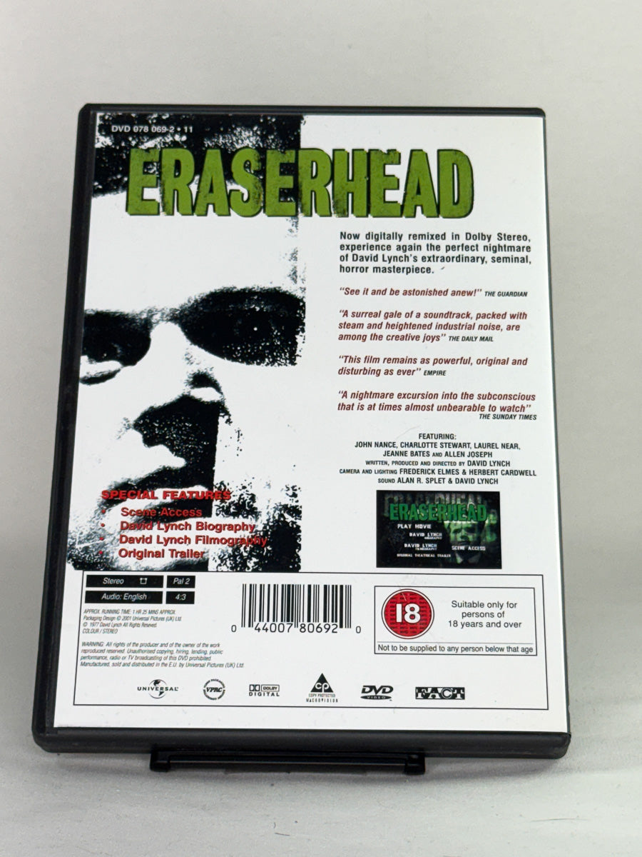 DVD-bakside til filmen Eraserhead
Baksiden viser info, spesifikasjoner og eventuell ekstratekst – produktbilde fra nettbutikken Brukbar Film