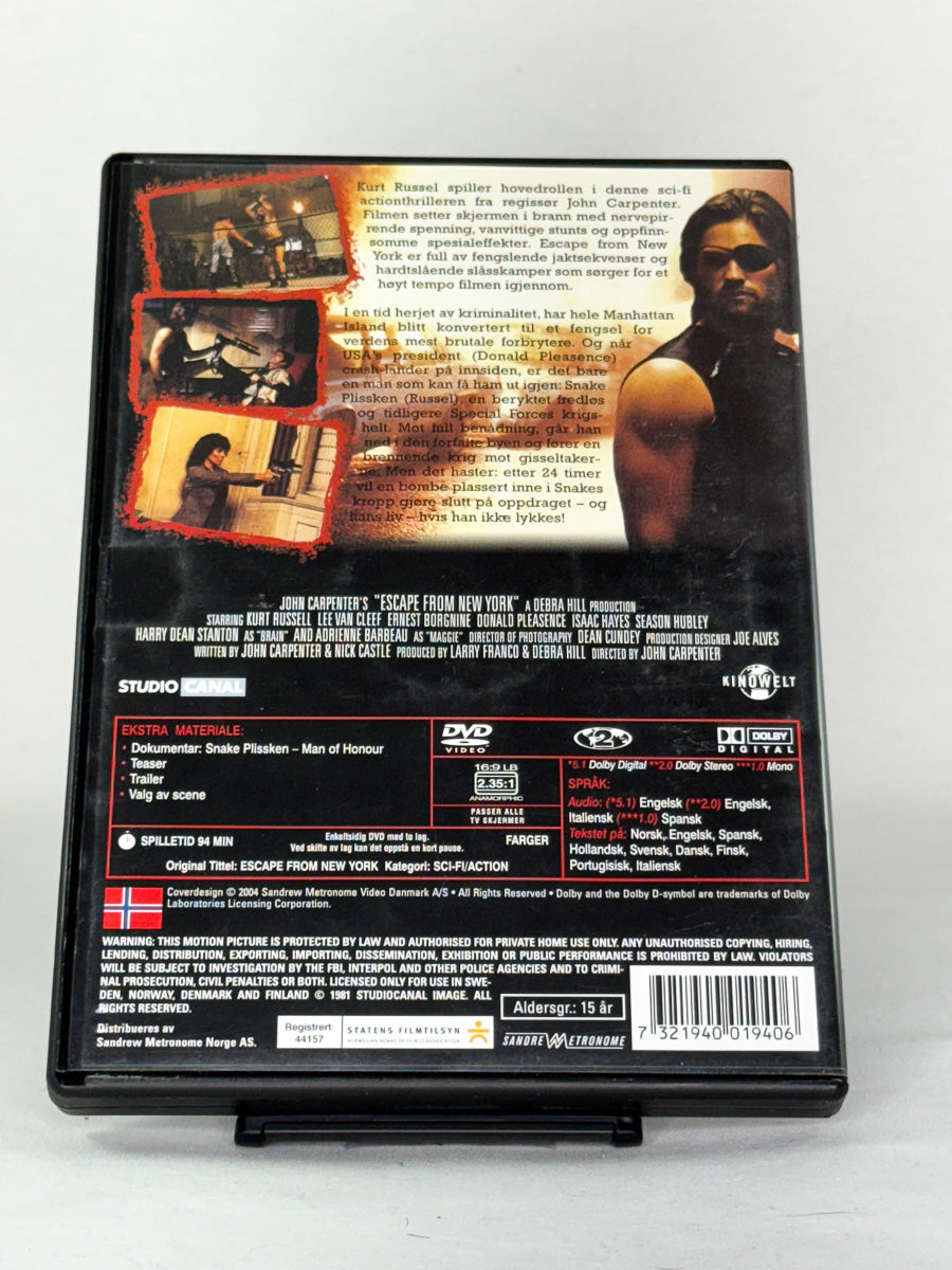 Bakside av Escape from New York – dystopisk actionfilm og 80-tallsfavoritt fra regissøren av The Thing, brukt DVD fra Brukbar Film.