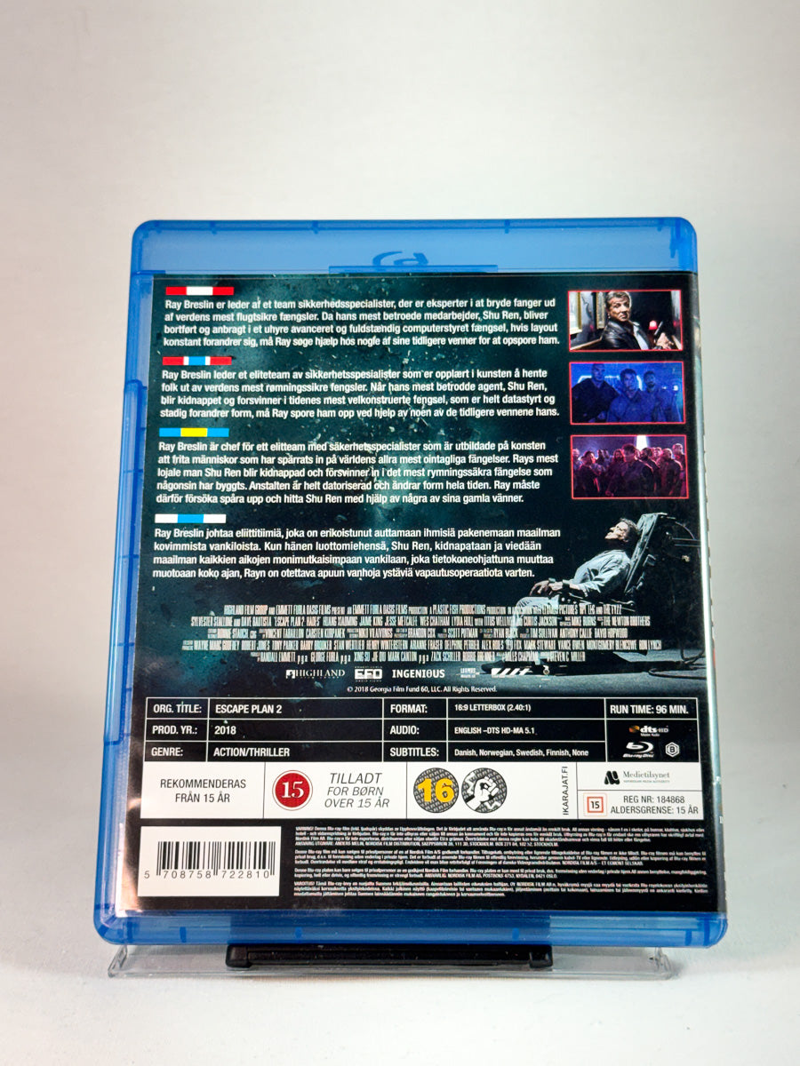 Bakside av cover til Escape Plan 2, brukt Blu-ray hos Brukbar Film