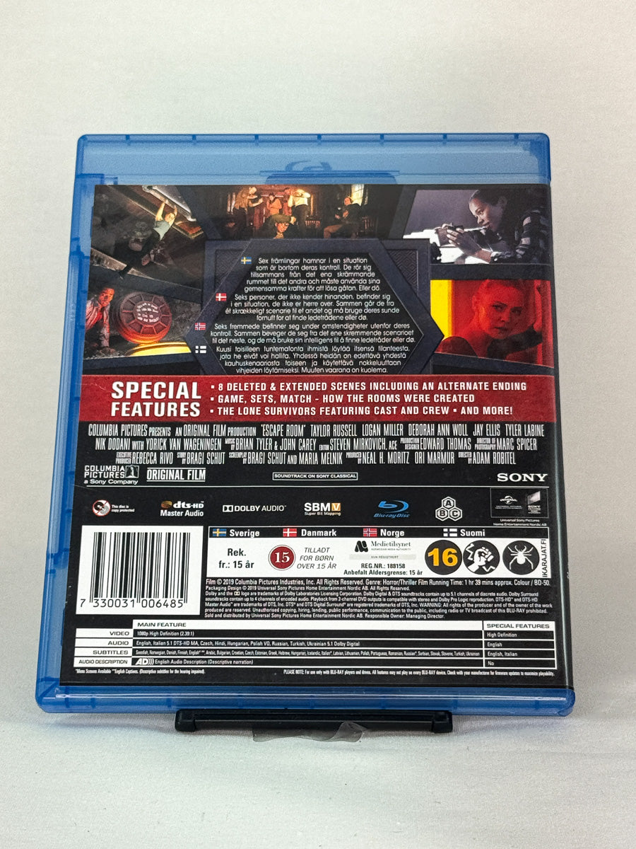 Bakside av Blu-ray-cover til Escape Room – brukt originalfilm med psykologisk skrekk, tilgjengelig hos Brukbar Film