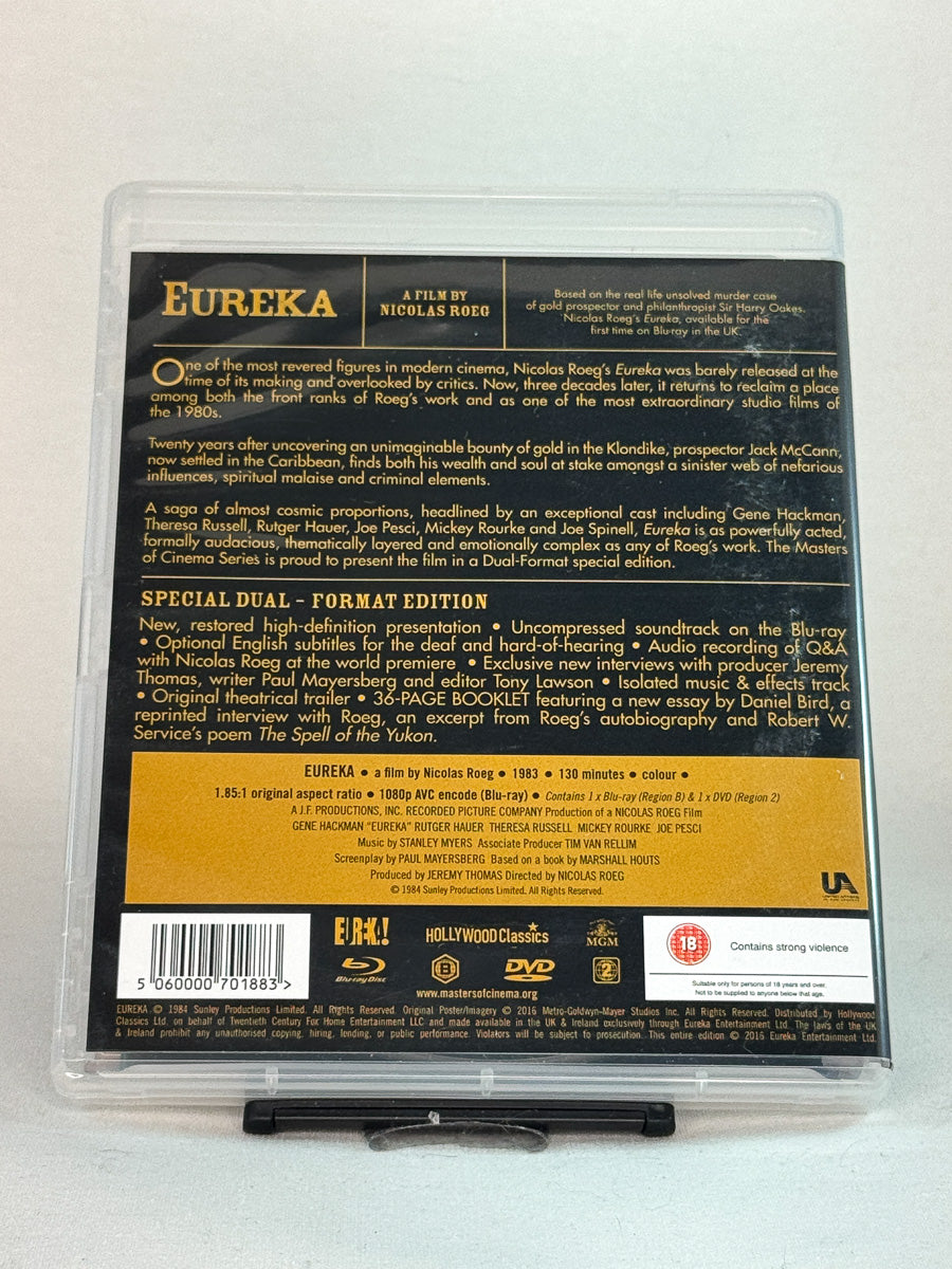 Bakside av Blu-ray-cover til Eureka – filmklassiker fra 1980-tallet om rikdom og fortapelse, en visuelt særpreget Nicolas Roeg-film utgitt av Eureka!, brukt Blu-ray hos Brukbar Film.