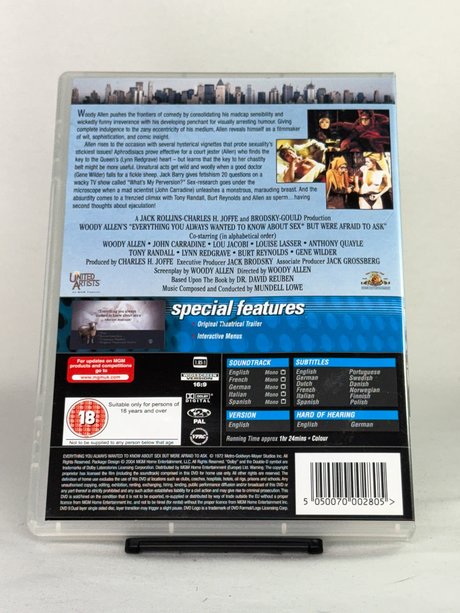 Bakside av DVD-cover for Everything You Always Wanted to Know About Sex – brukt komedie på DVD, engelsk tekst hos Brukbar Film