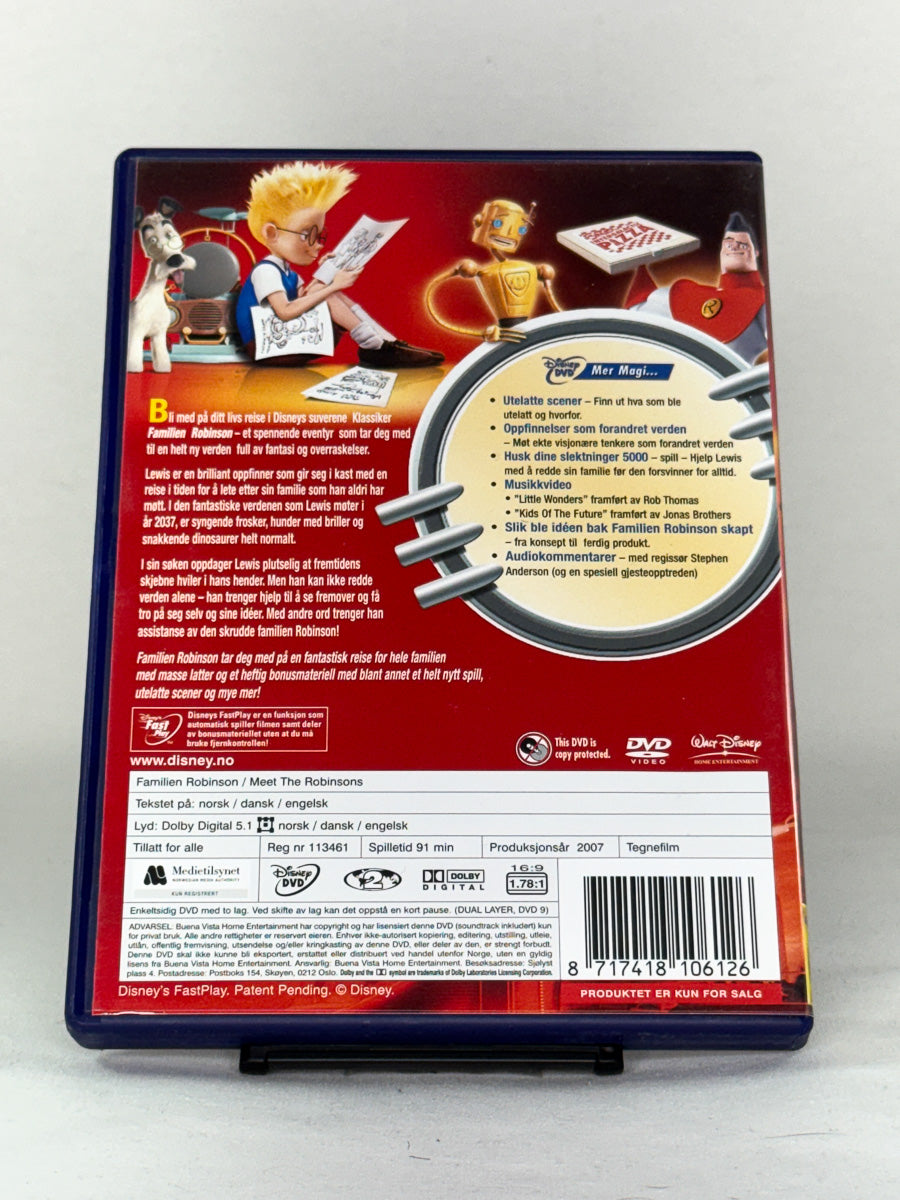 DVD-bakside til filmen Familien Robinson
Baksiden viser info, spesifikasjoner og eventuell ekstratekst – produktbilde fra nettbutikken Brukbar Film