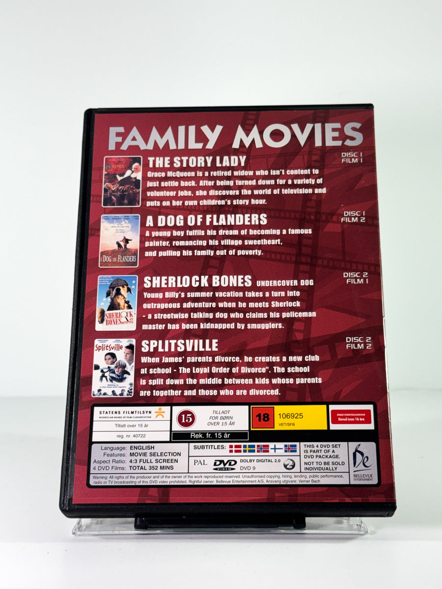 Bakside av cover til family movies 4 great movies on 2 dvds, brukt original DVD hos Brukbar Film