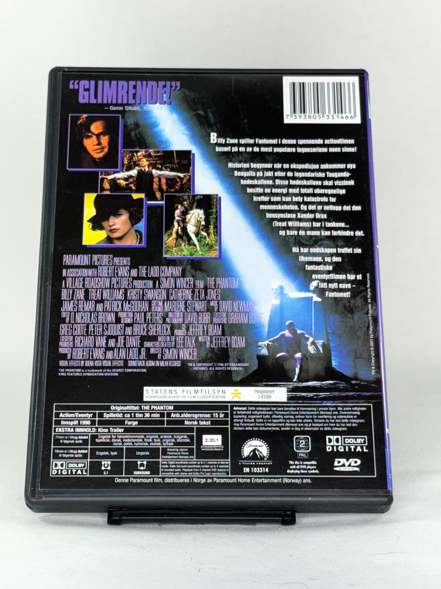 Bakside av DVD-cover til Fantomet slår ondskapen – brukt actionfilm på original DVD fra Brukbar Film