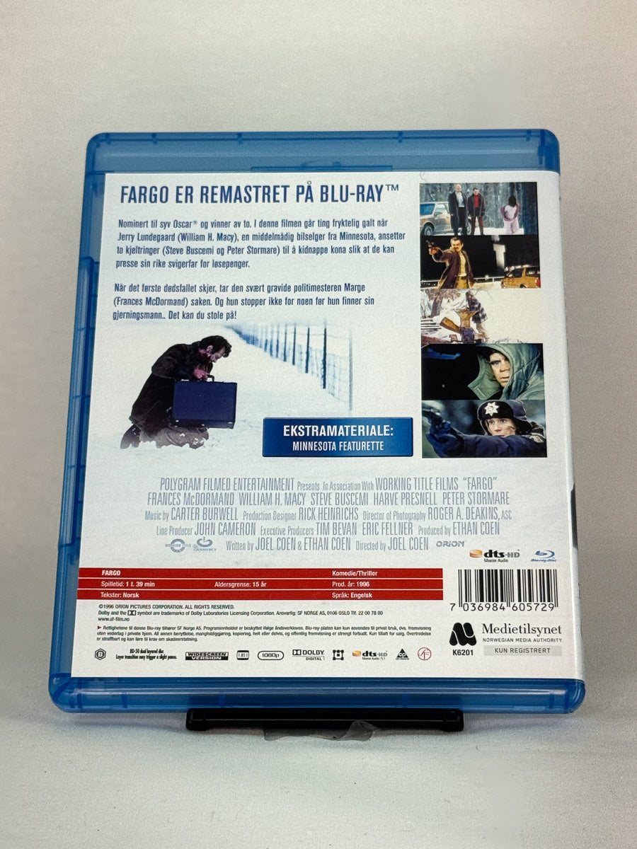 Bakside av Blu-ray-cover til Fargo – brukt originalfilm, prisbelønt og kritikerrost, tilgjengelig hos Brukbar Film