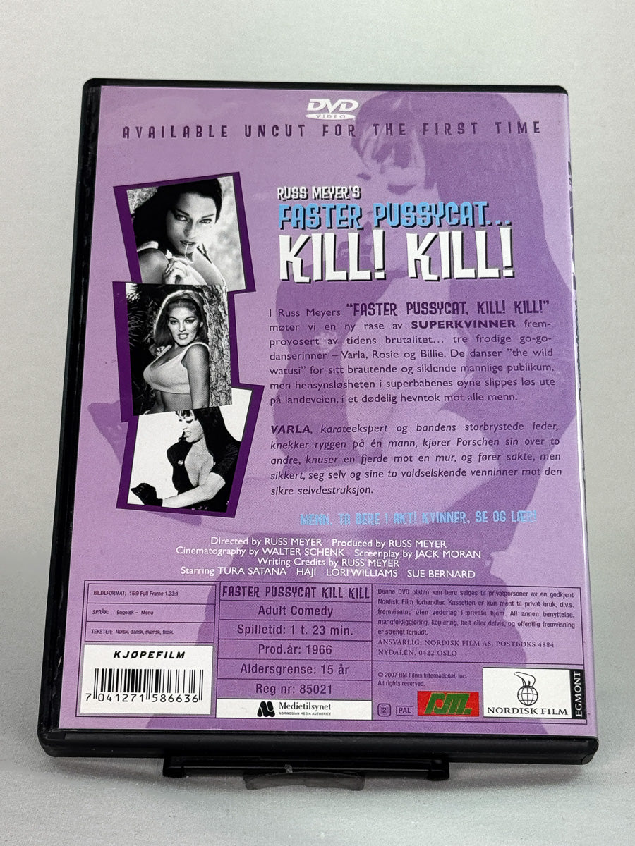 Bakside av DVD-cover til Faster Pussycat! Kill! Kill! – viser beskrivelse, bilder og teknisk info, brukt DVD fra Brukbar Film.