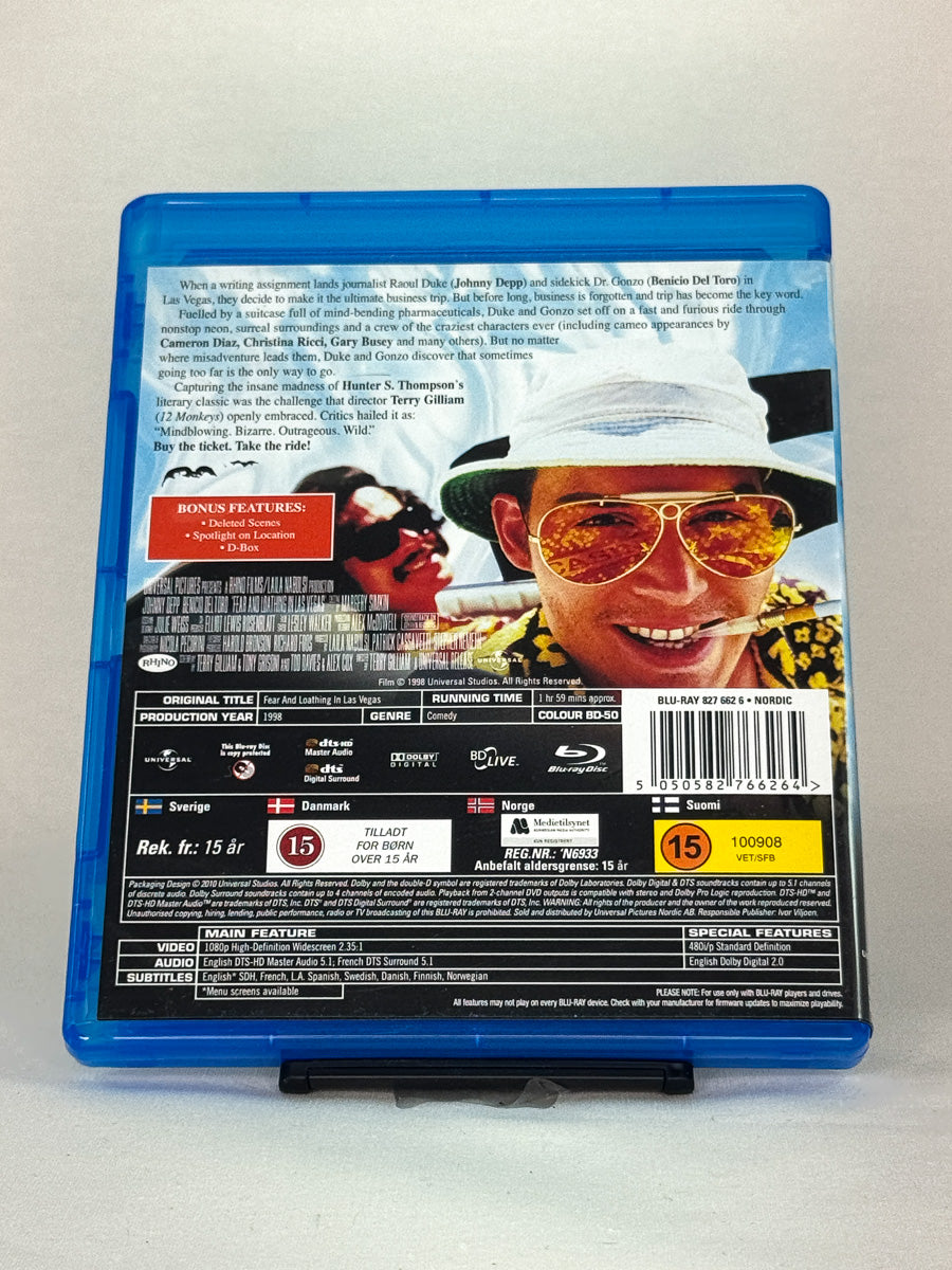Bakside av Blu-ray-cover til Fear and Loathing in Las Vegas – brukt originalfilm regissert av Terry Gilliam, tilgjengelig hos Brukbar Film