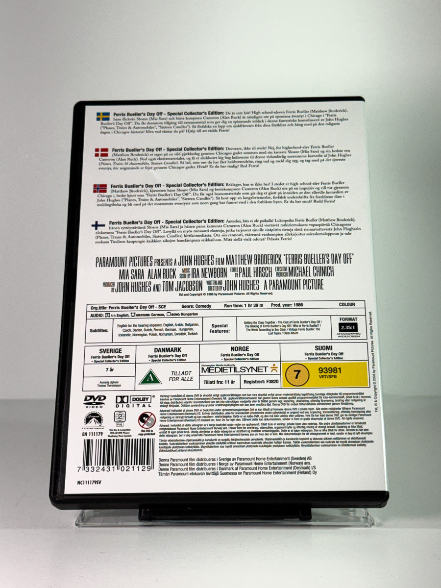 Bakside av cover til Ferris Bueller’s Day Off, brukt original DVD hos Brukbar Film