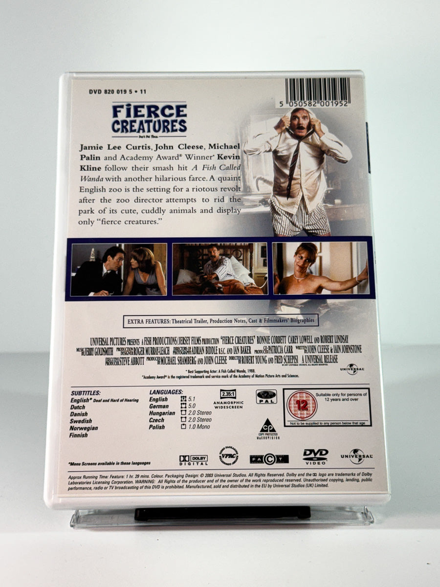 Bakside av cover til Fierce Creatures, bruktfilm på DVD hos Brukbar Film