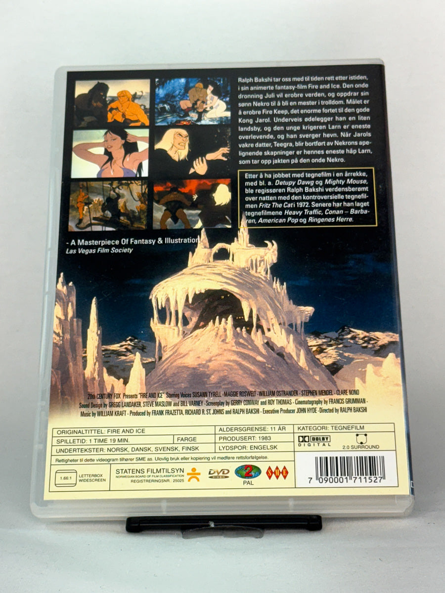 Bakside av DVD-cover til Fire and Ice – brukt animert fantasyklassiker på DVD, original utgave hos Brukbar Film