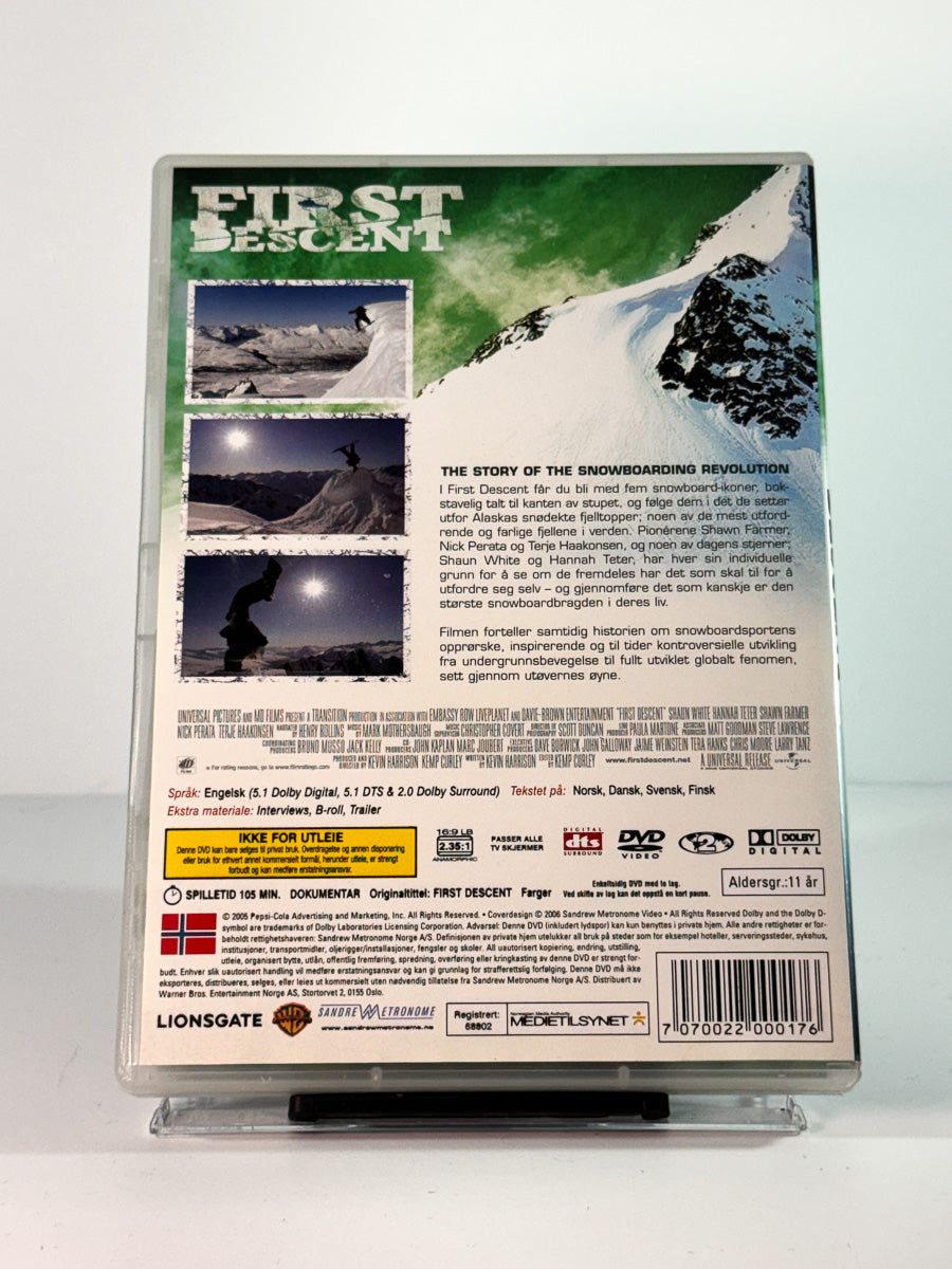 Bakside av cover til first descent, brukt original DVD hos Brukbar Film