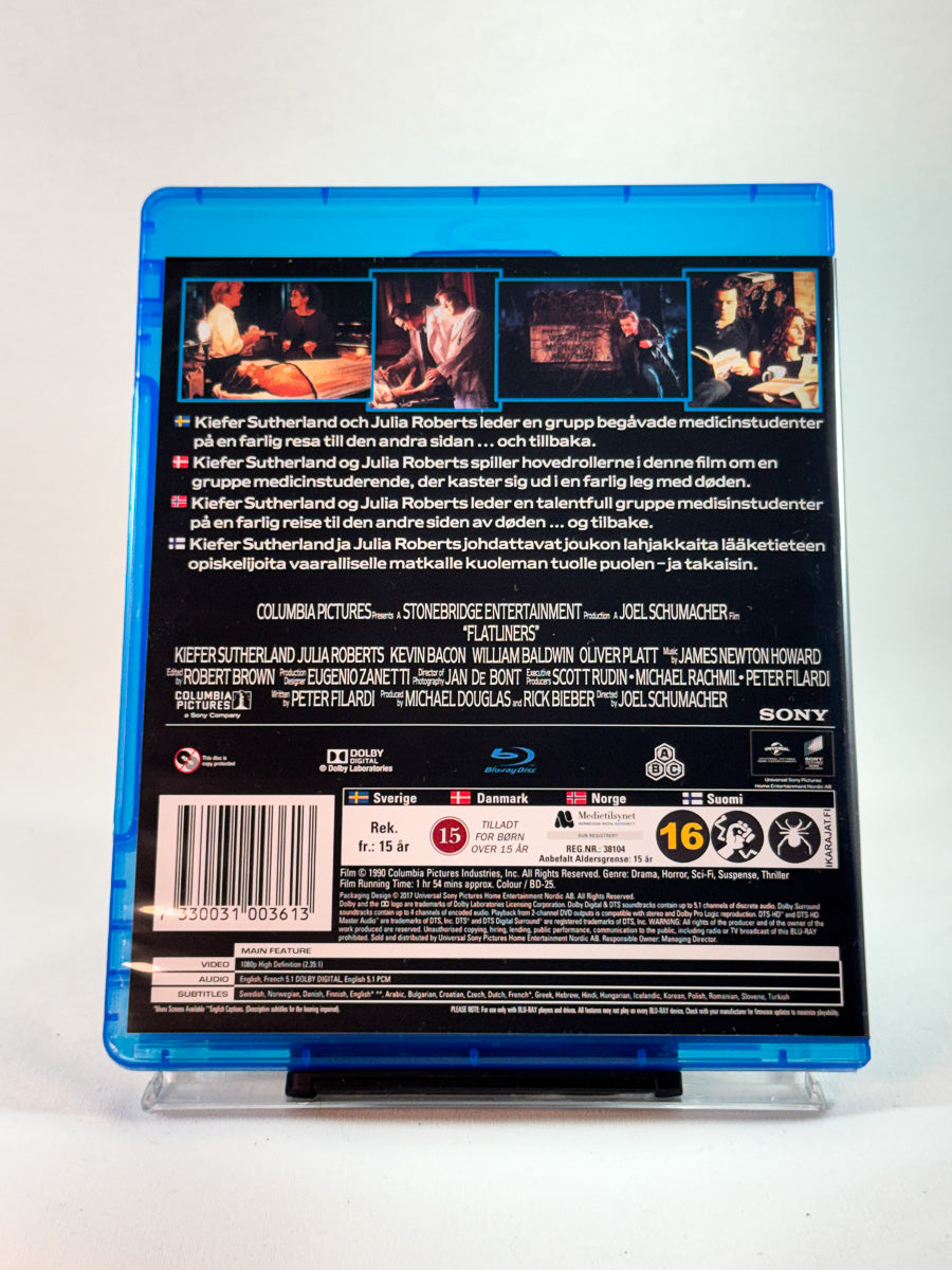 Flatliners – bakside av Blu-ray-cover, kultthriller med sci-fi-elementer, bruktfilm hos Brukbar Film