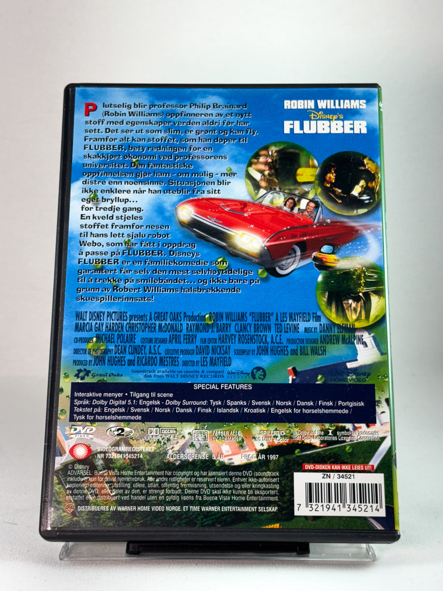 Bakside av DVD-cover til Flubber, bruktfilm hos nettbutikken Brukbar Film