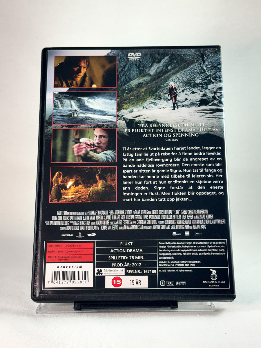 Bakside av cover til Flukt, bruktfilm hos nettbutikken Brukbar Film
