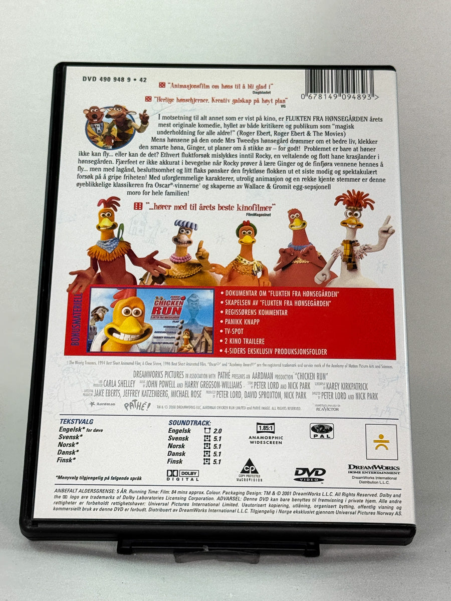 Bakside av DVD-cover til Flukten fra Hønsegården, brukt animasjonsfilm på DVD, familievennlig klassiker fra Brukbar Film.