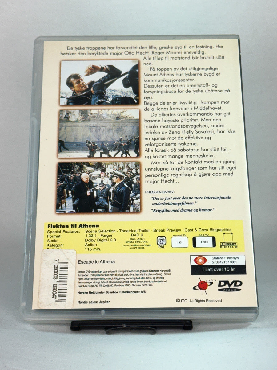Bakside av DVD-cover til Flukten til Athena, bruktfilm på DVD hos Brukbar Film
