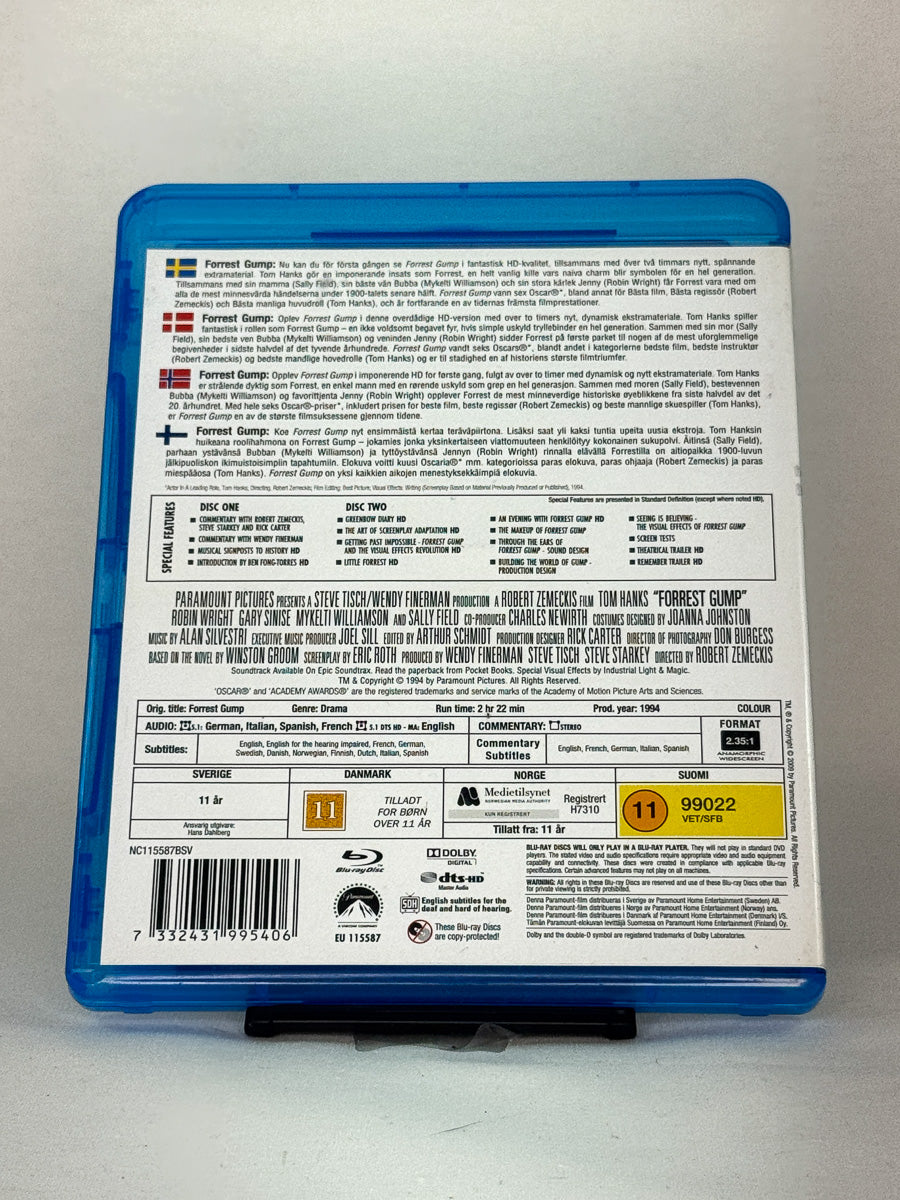 Bakside av Blu-ray-cover for Forrest Gump – brukt klassisk dramafilm på Blu-ray fra Brukbar Film