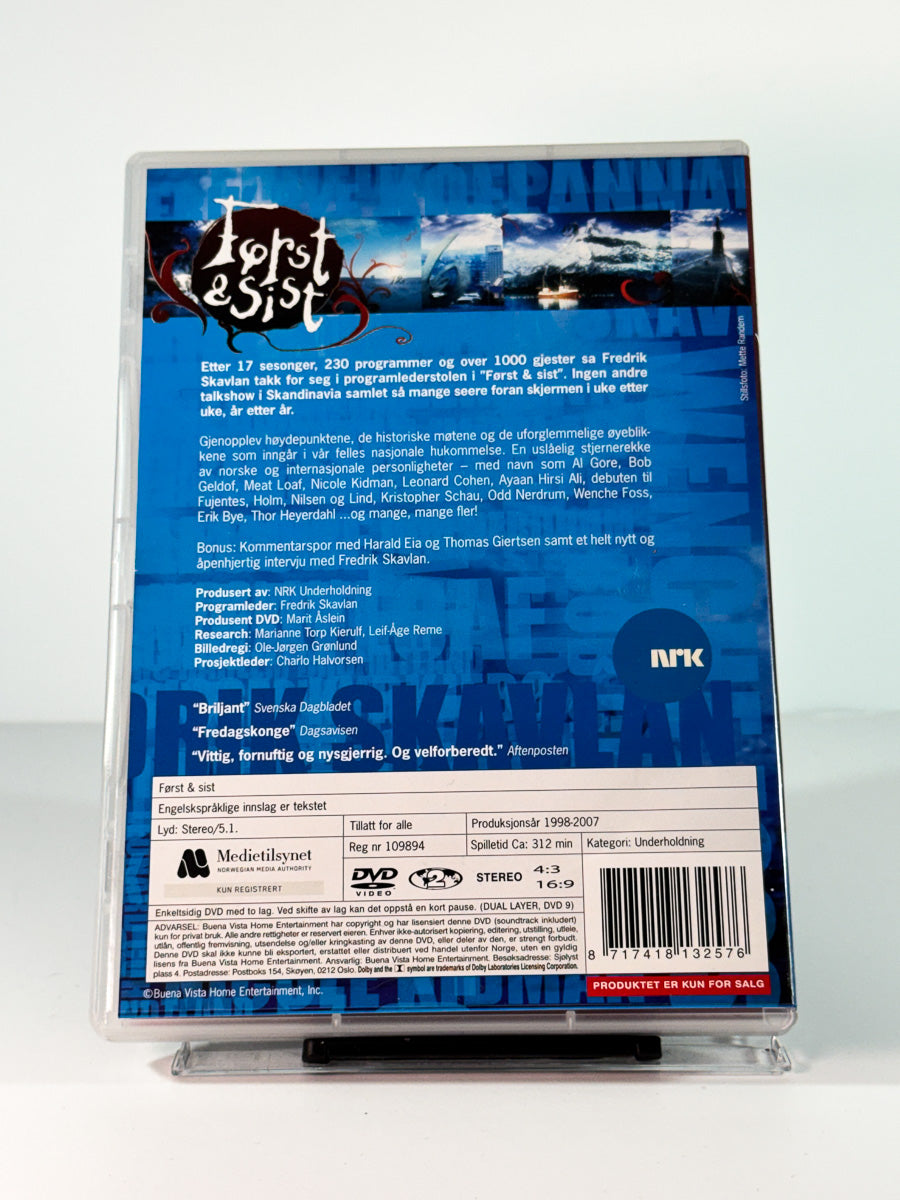 Bakside av cover til Fredrik Skavlan Først & Sist, bruktfilm på DVD hos Brukbar Film