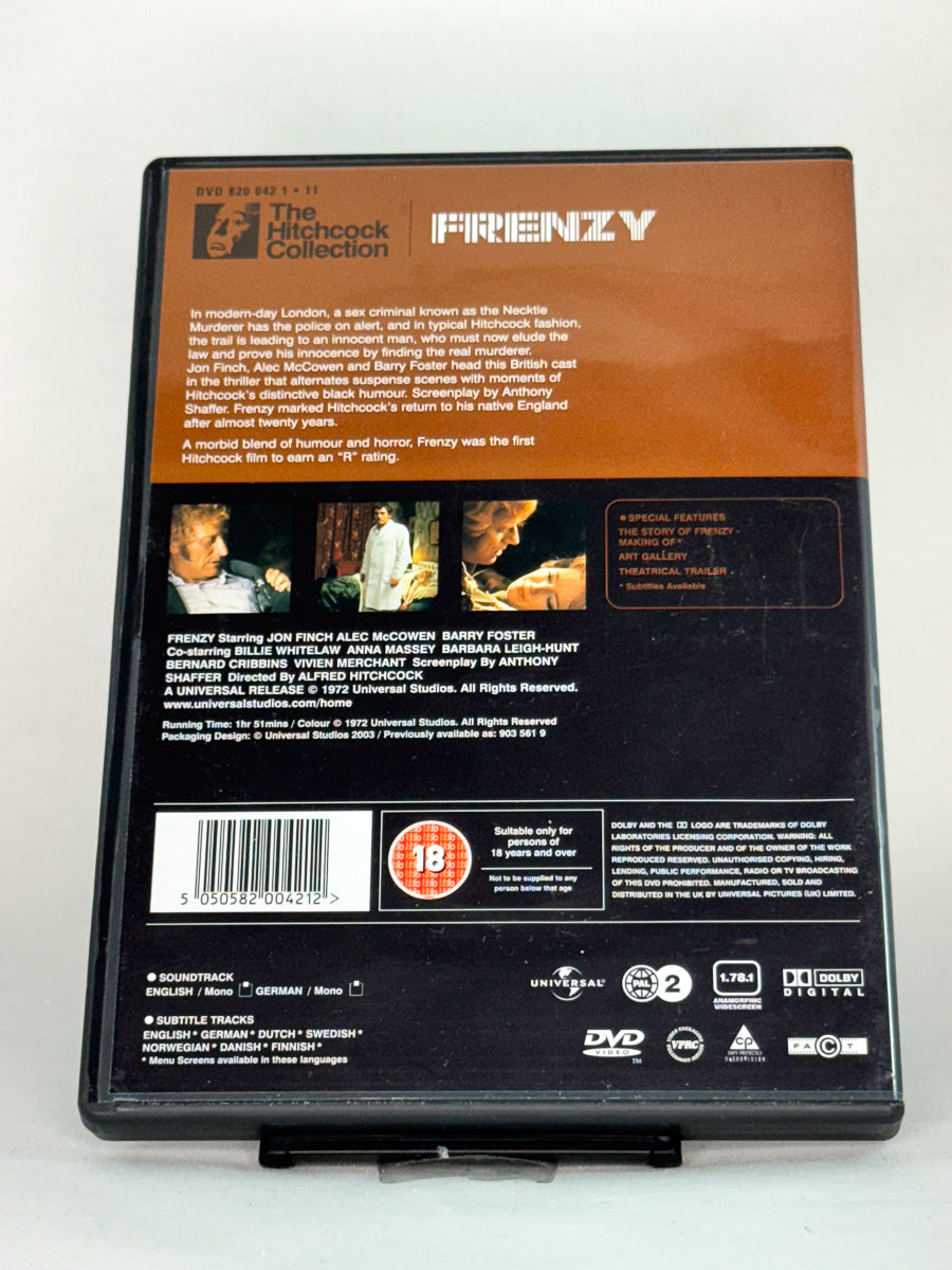 Bakside av DVD-cover for filmen Frenzy – brukt original thrillerklassiker på DVD, tilgjengelig hos Brukbar Film