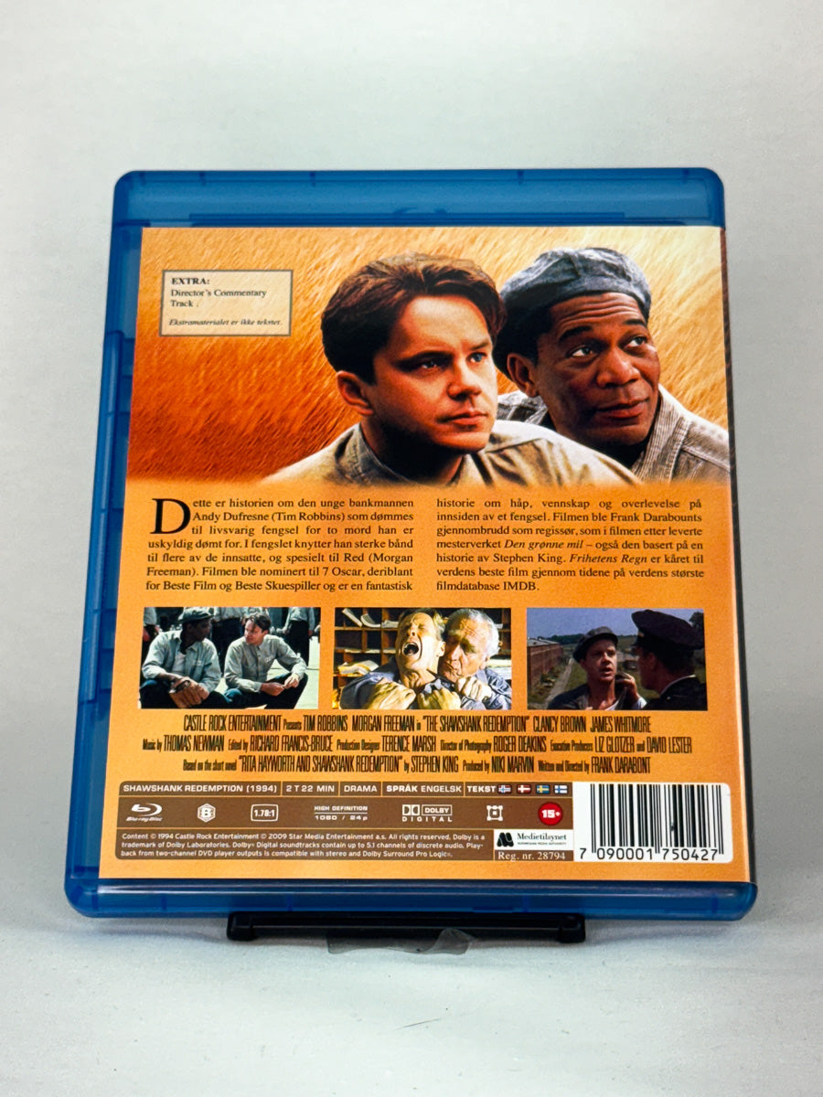 Bakside av Blu-ray-cover til Frihetens regn – brukt originalfilm basert på Stephen Kings novelle, tilgjengelig hos Brukbar Film