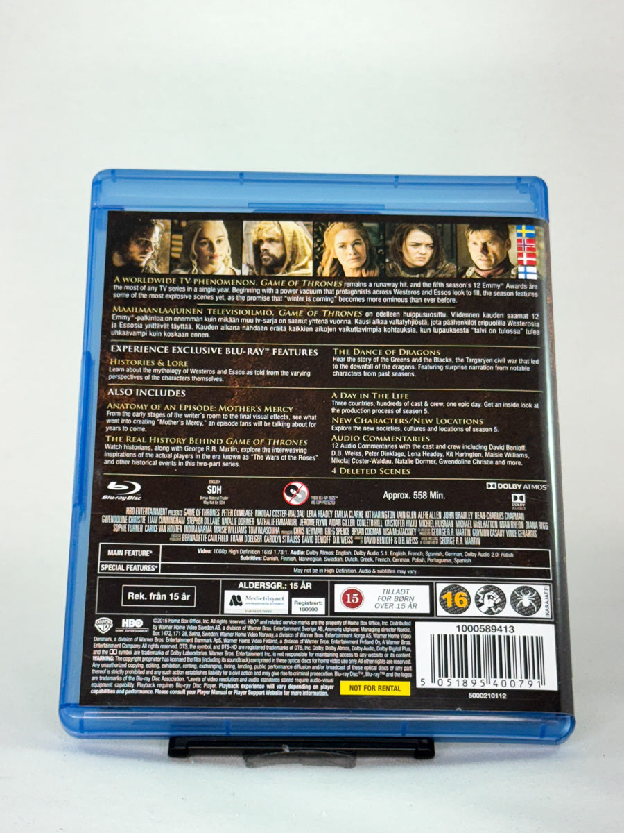Bakside av Blu-ray-cover til Game of Thrones – Sesong 5 – detaljer om femte sesong, brukt Blu-ray fra Brukbar Film
