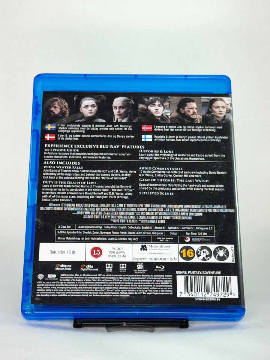 Bakside av Blu-ray-cover til Game of Thrones – Sesong 8 – informasjon om den siste sesongen, brukt Blu-ray fra Brukbar Film