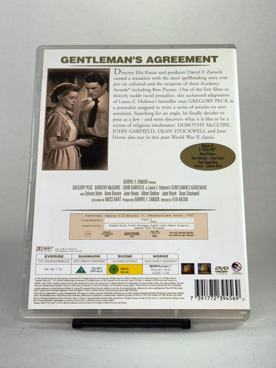 Bakside av DVD-cover for filmen Gentleman’s Agreement – brukt originalfilm på DVD, klassiker tilgjengelig hos Brukbar Film