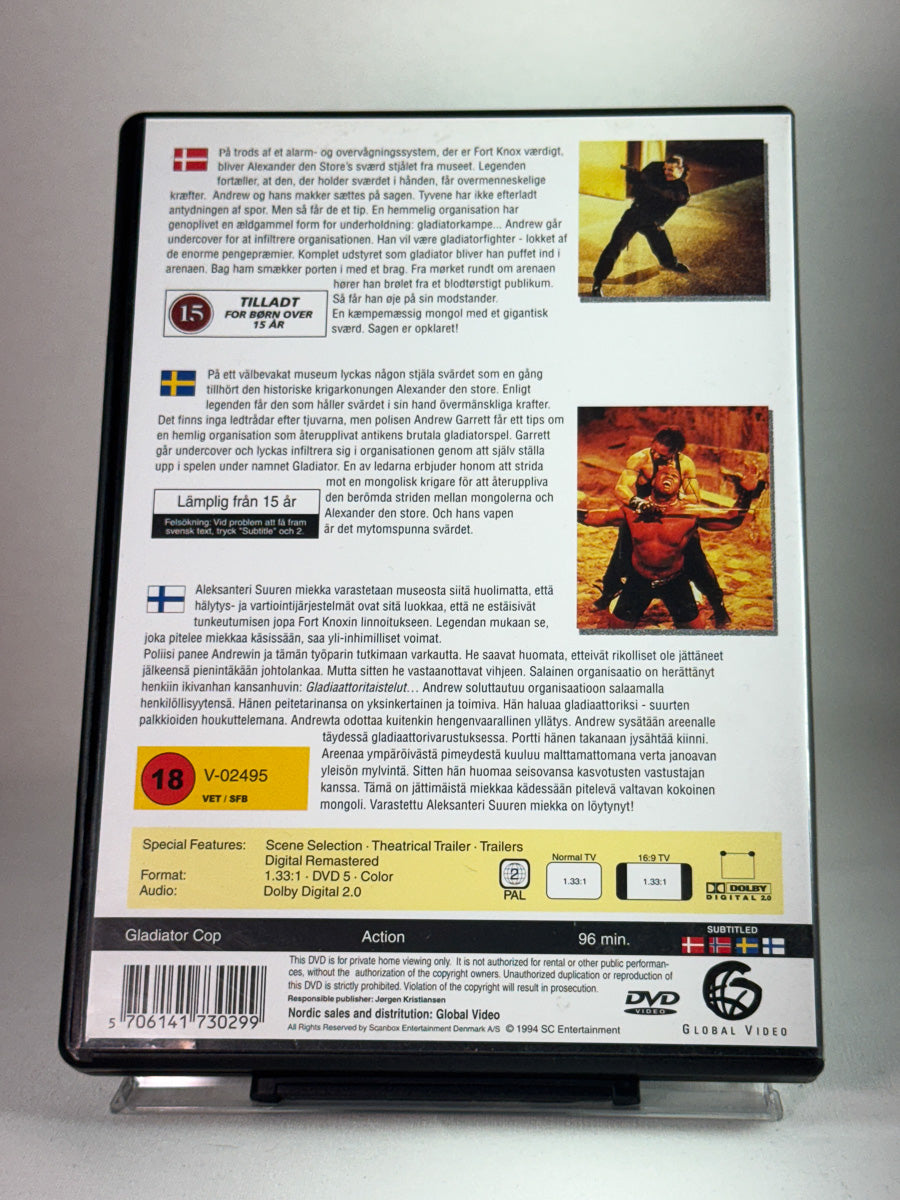 Bakside av DVD-cover til Gladiator Cop, second hand DVD hos Brukbar Film