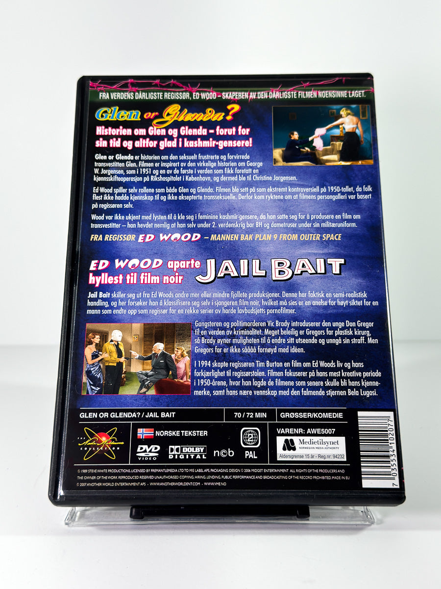 Bakside av cover til Glen or Glenda? plus Jail Bait på DVD hos Brukbar Film