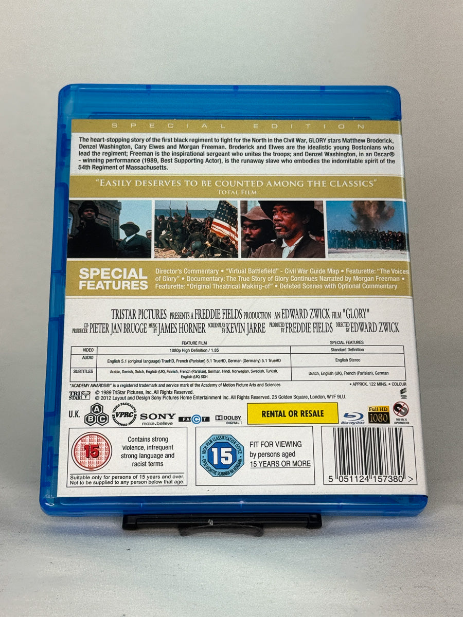 Bakside av Blu-ray-cover til Glory – gripende film basert på virkelige hendelser under den amerikanske borgerkrigen, brukt Blu-ray hos Brukbar Film.