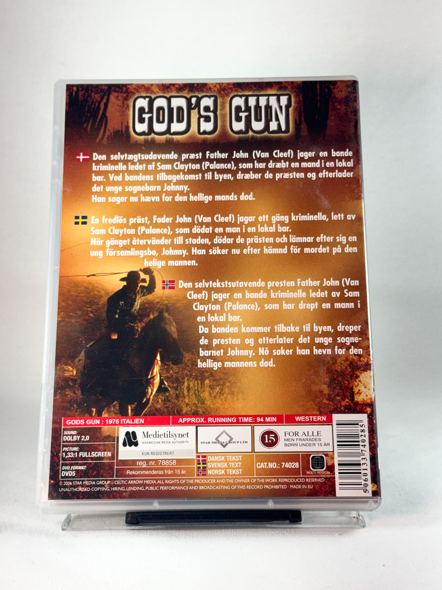 Bakside av cover til God’s Gun, bruktfilm hos nettbutikken Brukbar Film