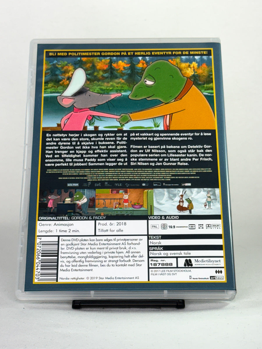 Bakside av DVD-cover for filmen Gordon & Paddy – Nøttemysteriet i skogen – brukt originalfilm på DVD, tilgjengelig hos Brukbar Film