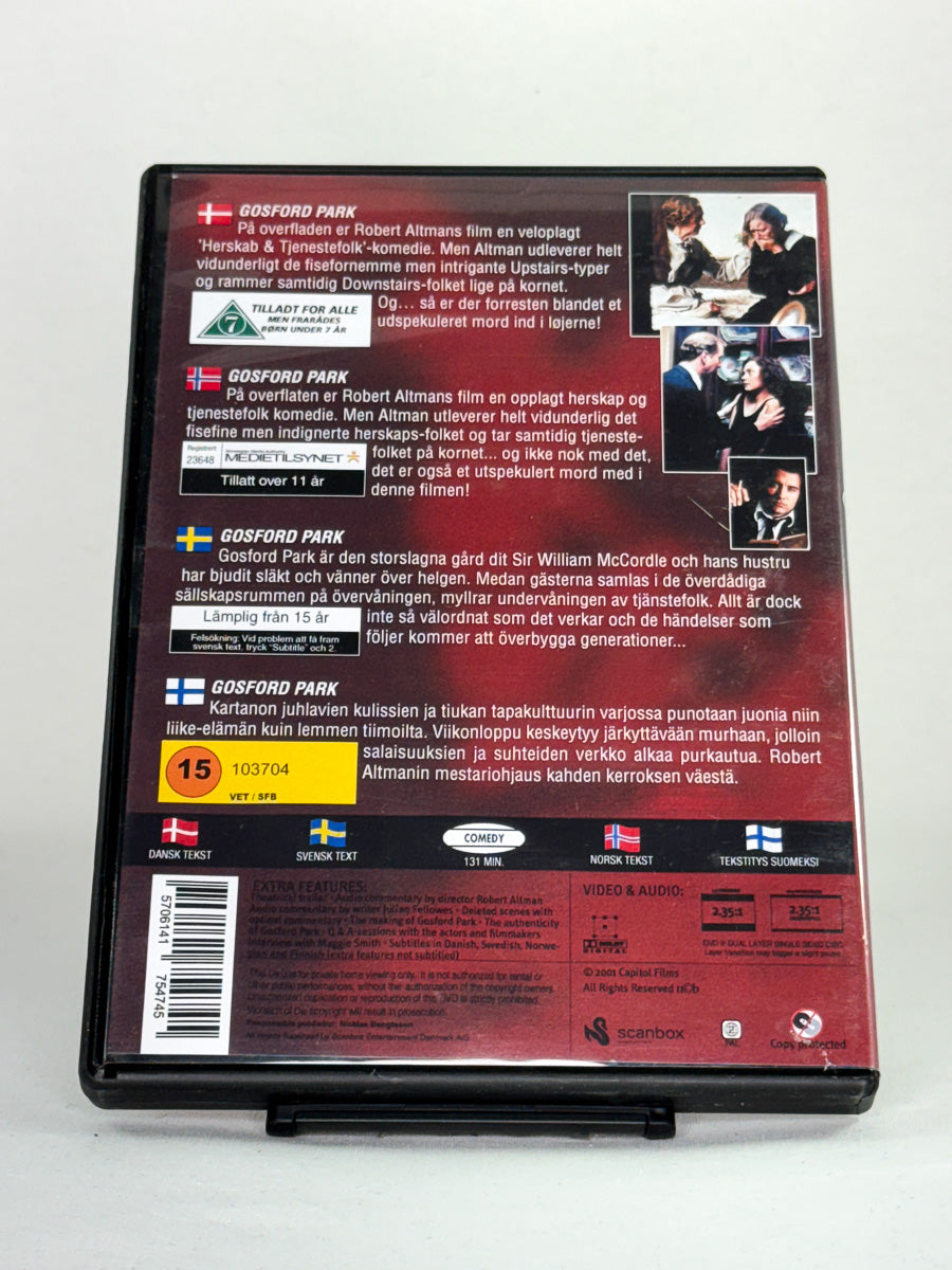 DVD-cover-bakside til filmen Gosford Park – Brukt DVD fra nettbutikken Brukbar Film